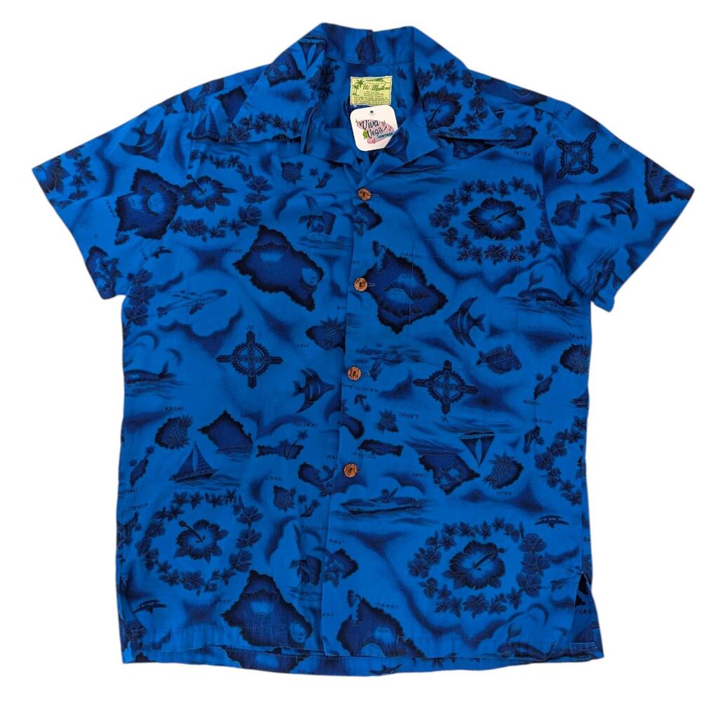 Vintage Ui-MaiKai Hawaiian Shirt Mens Medium Blue Islands Map Floral Aloha Tiki